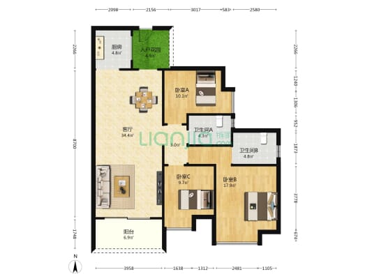 竹韵花园 3室1厅2卫 120平方