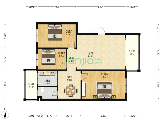 宝利名都 3室2厅1卫 108平方