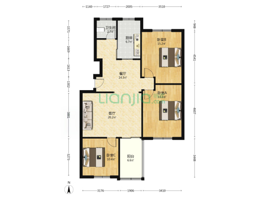平安小区六号院 3室2厅 南 北-户型图