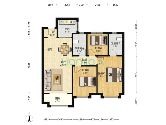 奥园·誉峯 3室1厅2卫 108平方