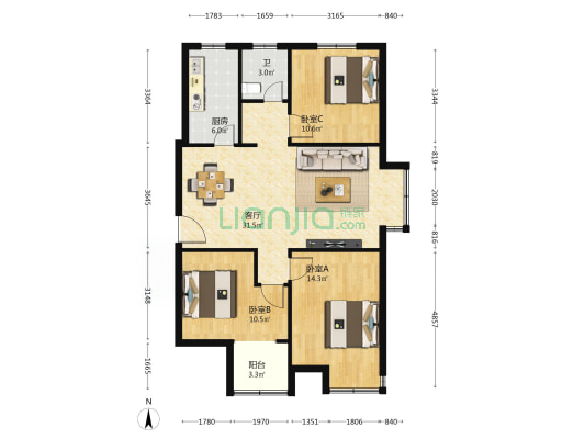 幸福家园 3室1厅1卫 108平方