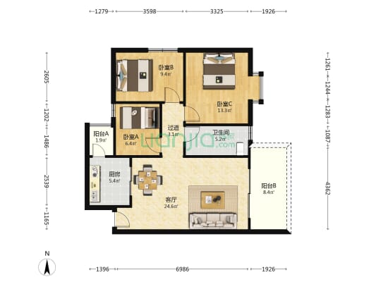 颐景花园 3室1厅1卫 91平方