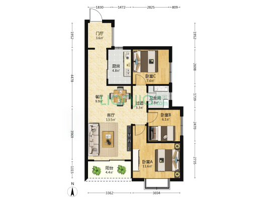 白沙坊金龙苑 3室2厅1卫 91平方