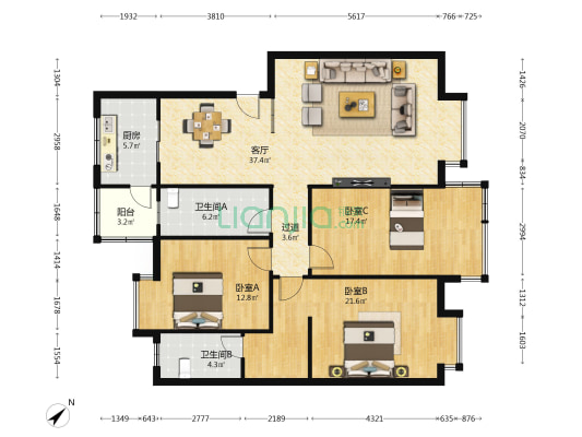 山水年华A区 3室1厅2卫 127平方