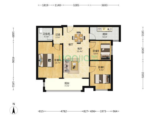 万科四季都会 3室1厅1卫 97平方