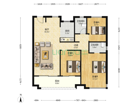 建投启元 3室1厅2卫 118平方