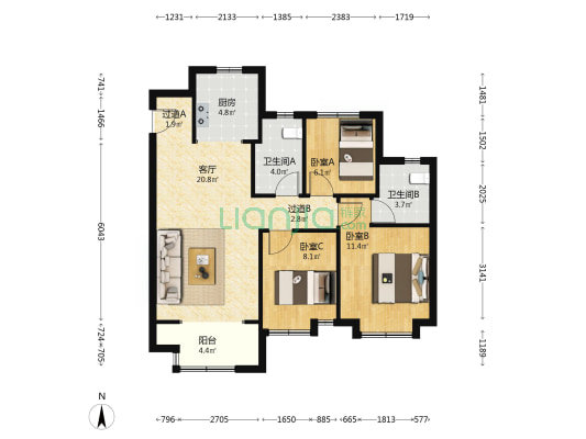 紫宸雅苑 3室1厅2卫 108平方