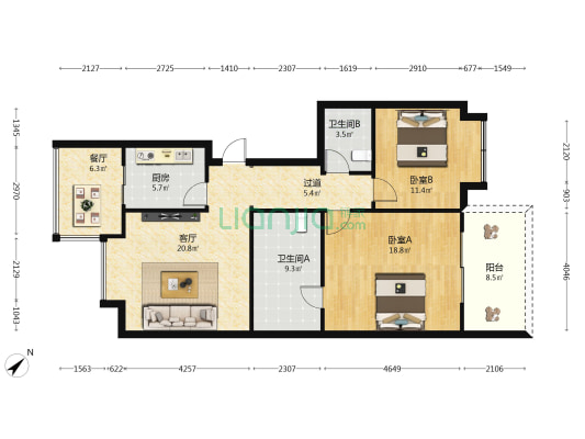 海口乌兰集团公寓楼 2室2厅2卫 106平方