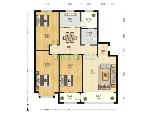 乐港公寓 3室2厅1卫 170平方
