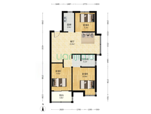 殷富花苑北苑 3室1厅1卫 90平方