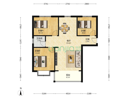 瑞雪华庭 3室1厅1卫 105平方