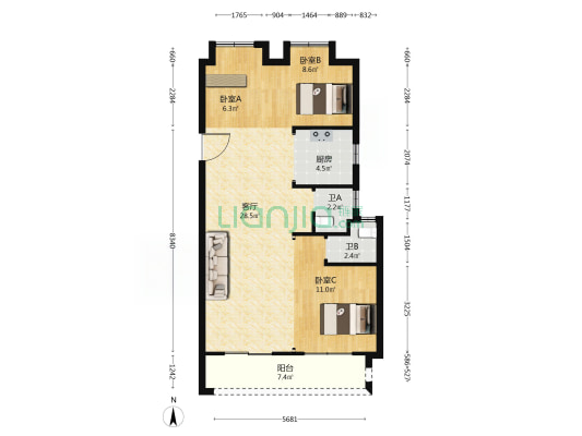 中铁逸景湾 3室1厅2卫 89平方