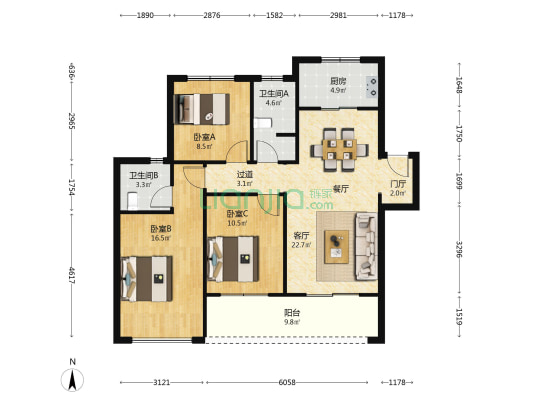 绿地国宝21城三期 3室1厅2卫 108平方