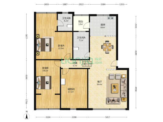 金盾花园 2室1厅2卫 144平方