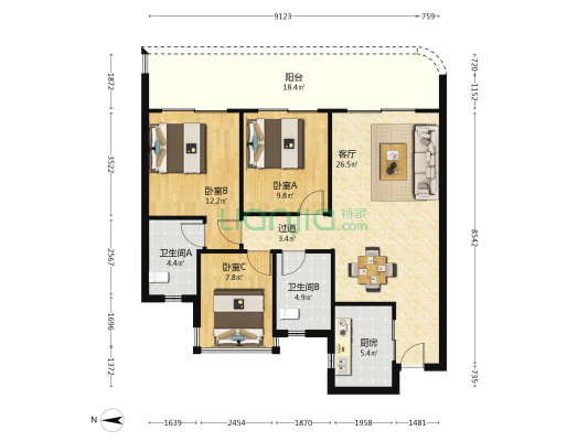 融创观澜湖公园壹号三期 3室1厅2卫 105平方