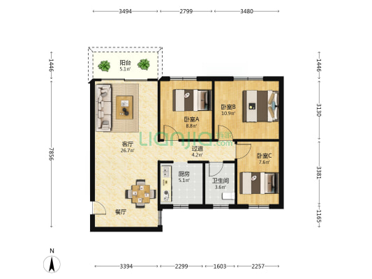 秀湖花園北区 3室1厅1卫 86平方
