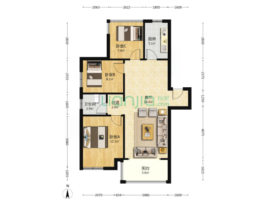 爱涛天禧明庭 3室1厅1卫 95平方