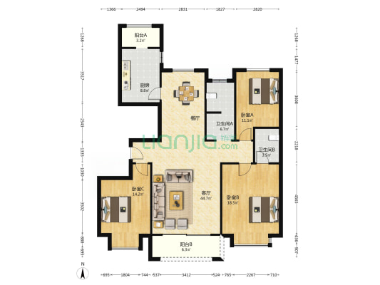 金叶嘉苑北苑 3室1厅2卫 151平方