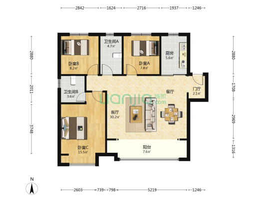 绿地卢浮公馆 3室1厅2卫 111平方
