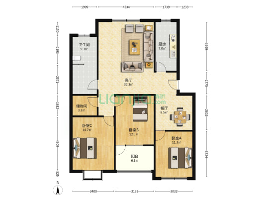 华明水泥北宿舍区 3室2厅1卫 129平方