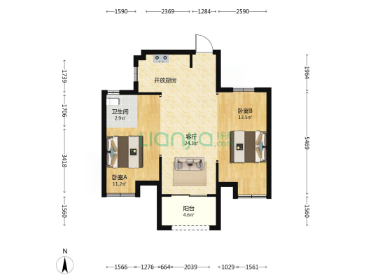 金地云境 2室1厅1卫 76平方
