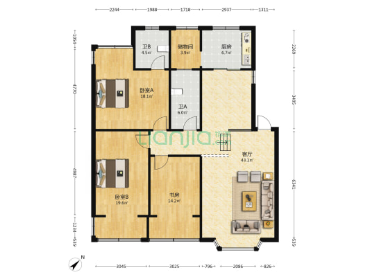 四川省第一测绘工程院 3室1厅2卫 137平方