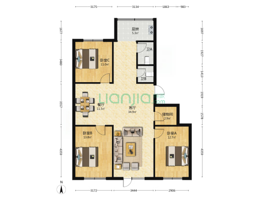 北大社区 3室2厅2卫 120平方
