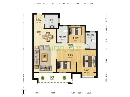 依云水岸 3室1厅2卫 109平方