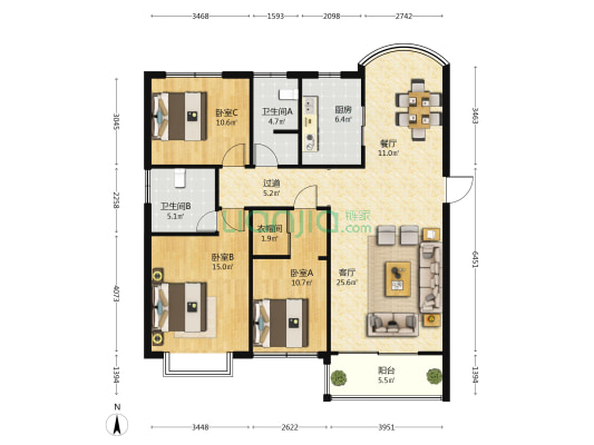 福泽苑(五华区) 3室2厅2卫 131平方