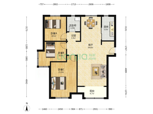 泉景天沅雅园 3室1厅1卫 110平方