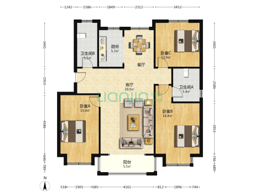 九龙华庭 3室1厅2卫 128平方