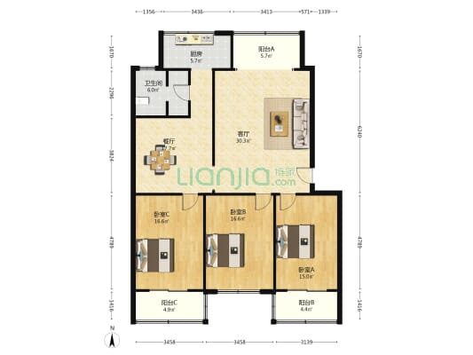 新财小区 3室2厅1卫 145平方