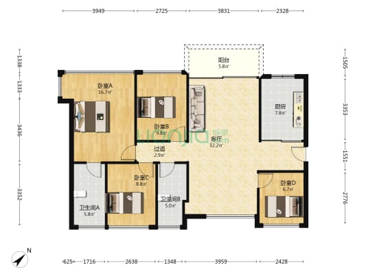 汇城茗院 4室1厅2卫 120平方