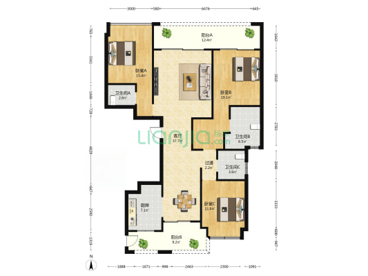 海航万绿园1号 3室1厅3卫 154平方