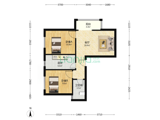 远洋东方境世界观2号地 2室1厅1卫 75平方