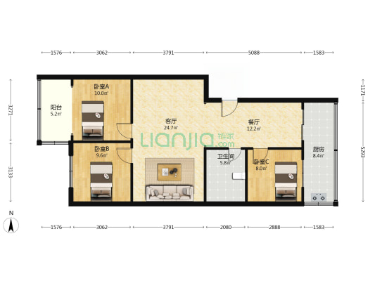 粮油小区 3室2厅1卫 98平方