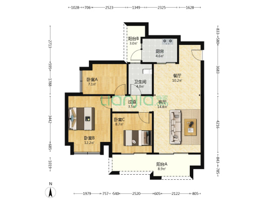 溪山樾 3室2厅1卫 90平方