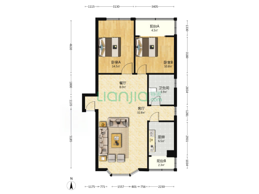 中天苑 2室2厅1卫 99平方