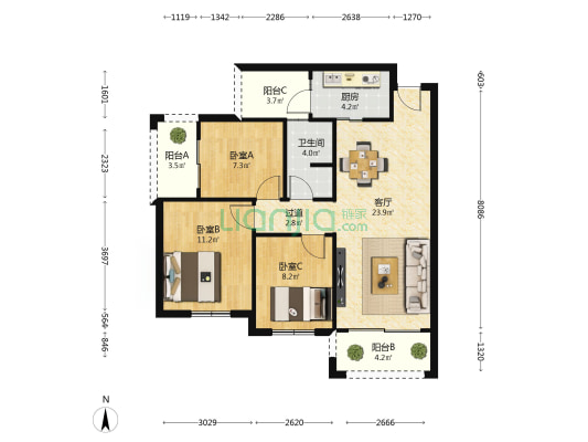 大唐世家一区 3室1厅1卫 90平方