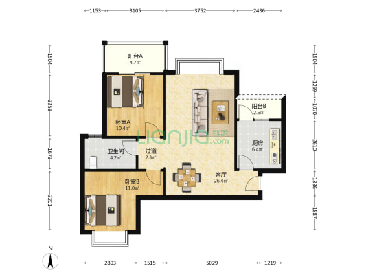 万圣家园C区 2室1厅1卫 88平方