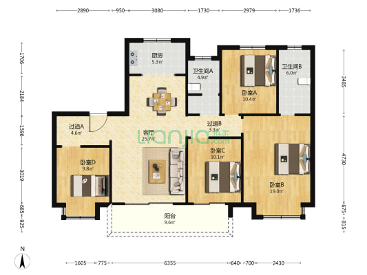 时光悦府A区 4室1厅2卫 140平方
