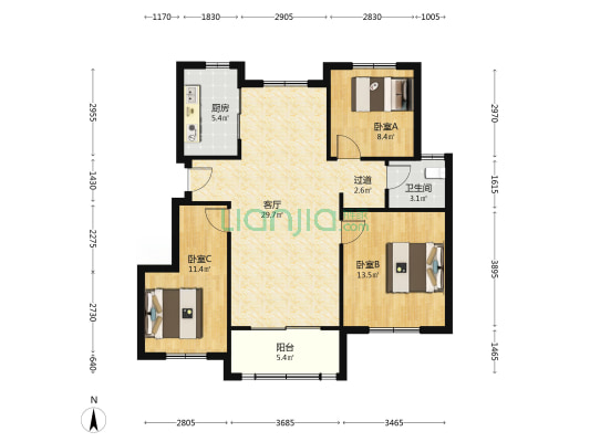 华塘蓝庭苑 3室1厅1卫 101平方