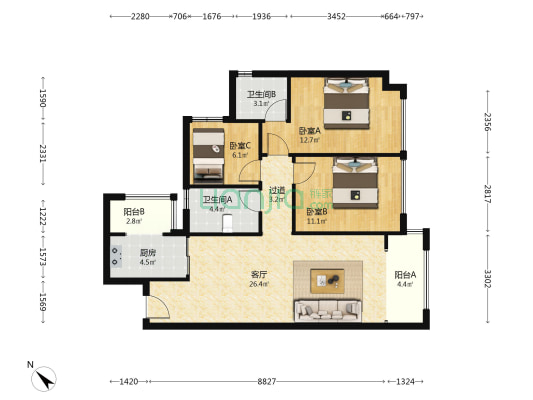 蓝光领誉 3室1厅2卫 95平方