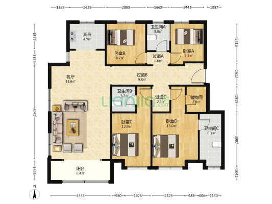 鹭岭景园 4室1厅3卫 149平方