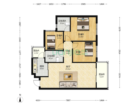 邦泰宽语一期 3室1厅2卫 95平方