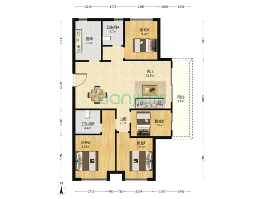 垅背新居 4室1厅2卫 136平方