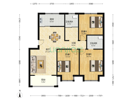 鑫港城 3室1厅2卫 124平方