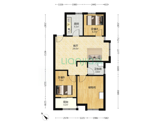 访梅西园 2室1厅1卫 85平方