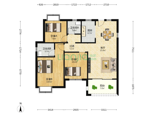 通源新建城A5 3室1厅2卫 110平方