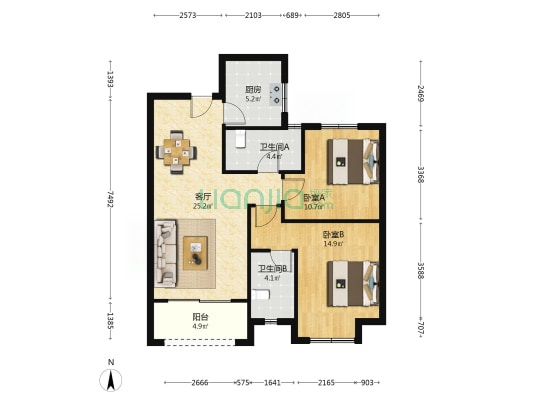国联书香苑南院 2室1厅2卫 94平方